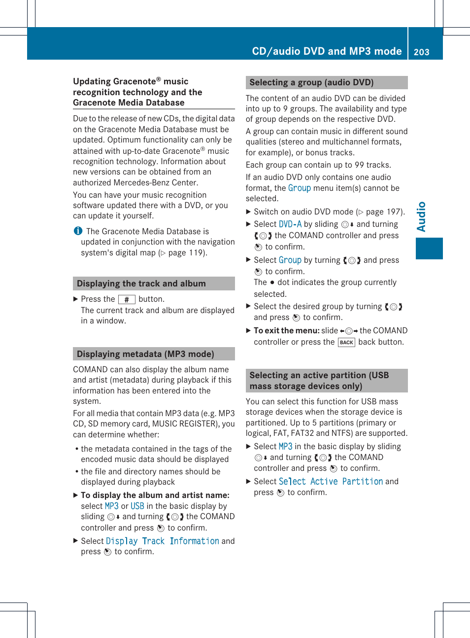 Aud io, Cd/audio dvd and mp3 mode | Mercedes-Benz CL-Class 2014 COMAND Manual User Manual | Page 205 / 274