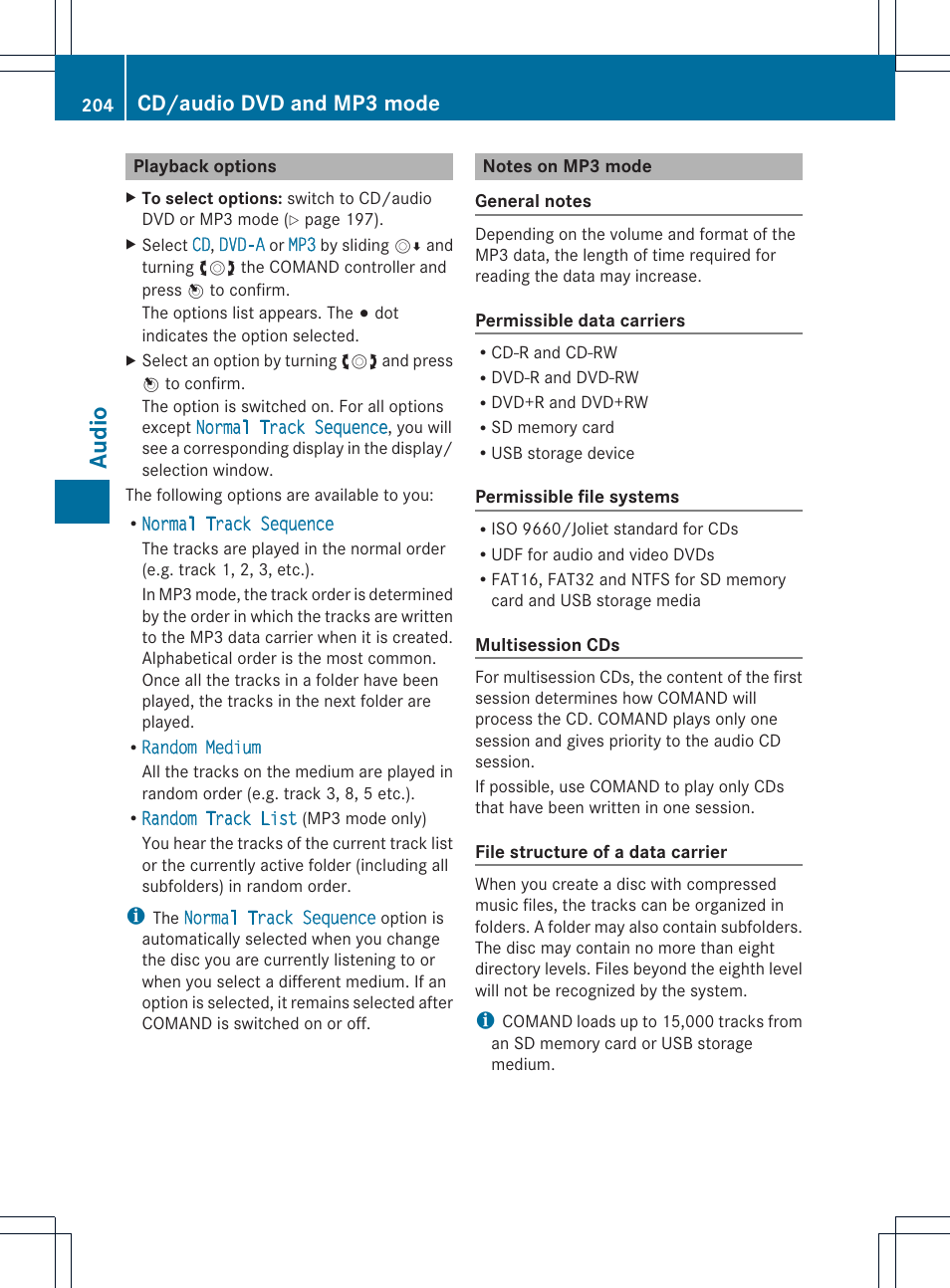 Audio, Cd/audio dvd and mp3 mode | Mercedes-Benz CL-Class 2014 COMAND Manual User Manual | Page 206 / 274