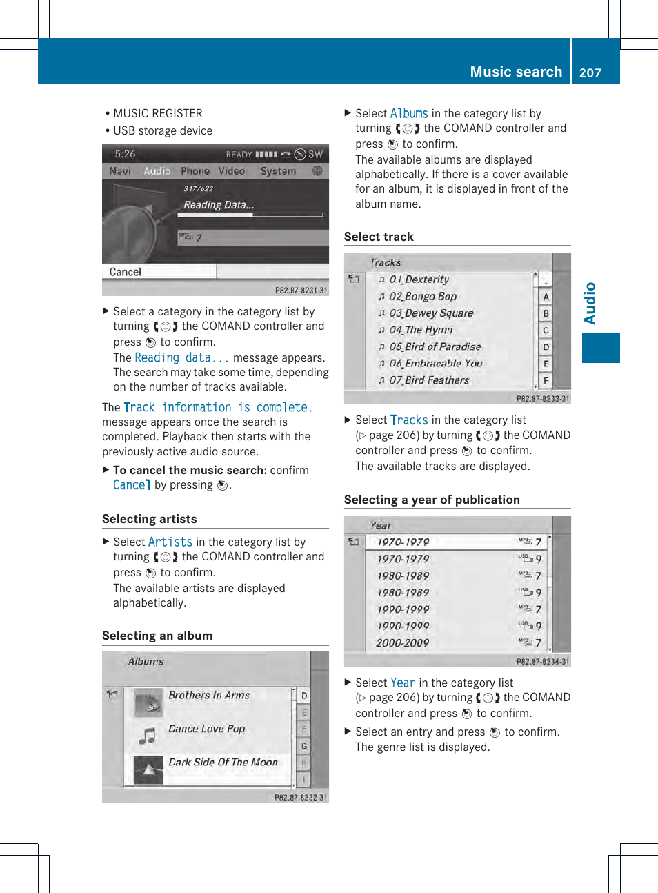 Aud io, Music search | Mercedes-Benz CL-Class 2014 COMAND Manual User Manual | Page 209 / 274