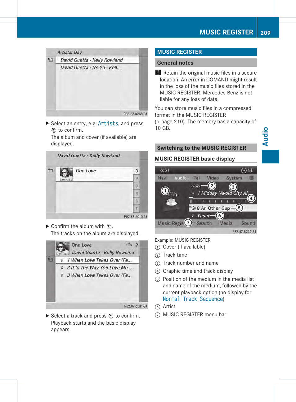 Audio, Music register | Mercedes-Benz CL-Class 2014 COMAND Manual User Manual | Page 211 / 274