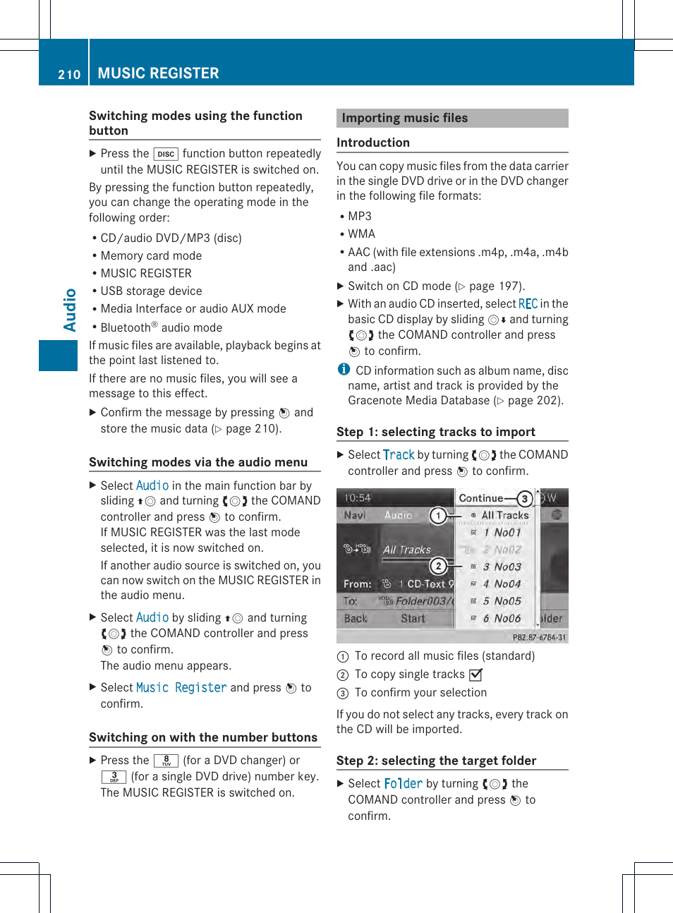 Aud io, Music register | Mercedes-Benz CL-Class 2014 COMAND Manual User Manual | Page 212 / 274