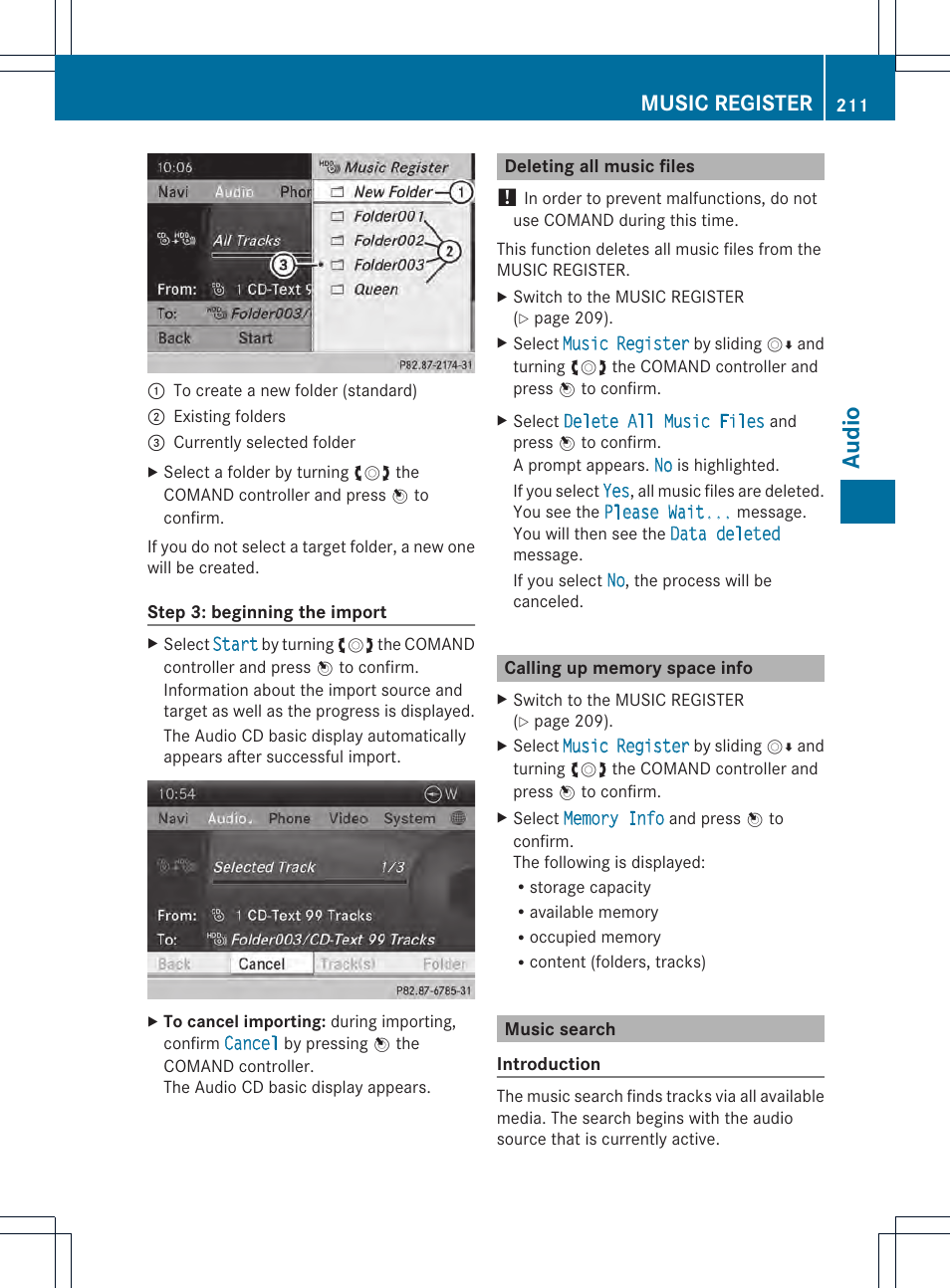 Audio, Music register | Mercedes-Benz CL-Class 2014 COMAND Manual User Manual | Page 213 / 274
