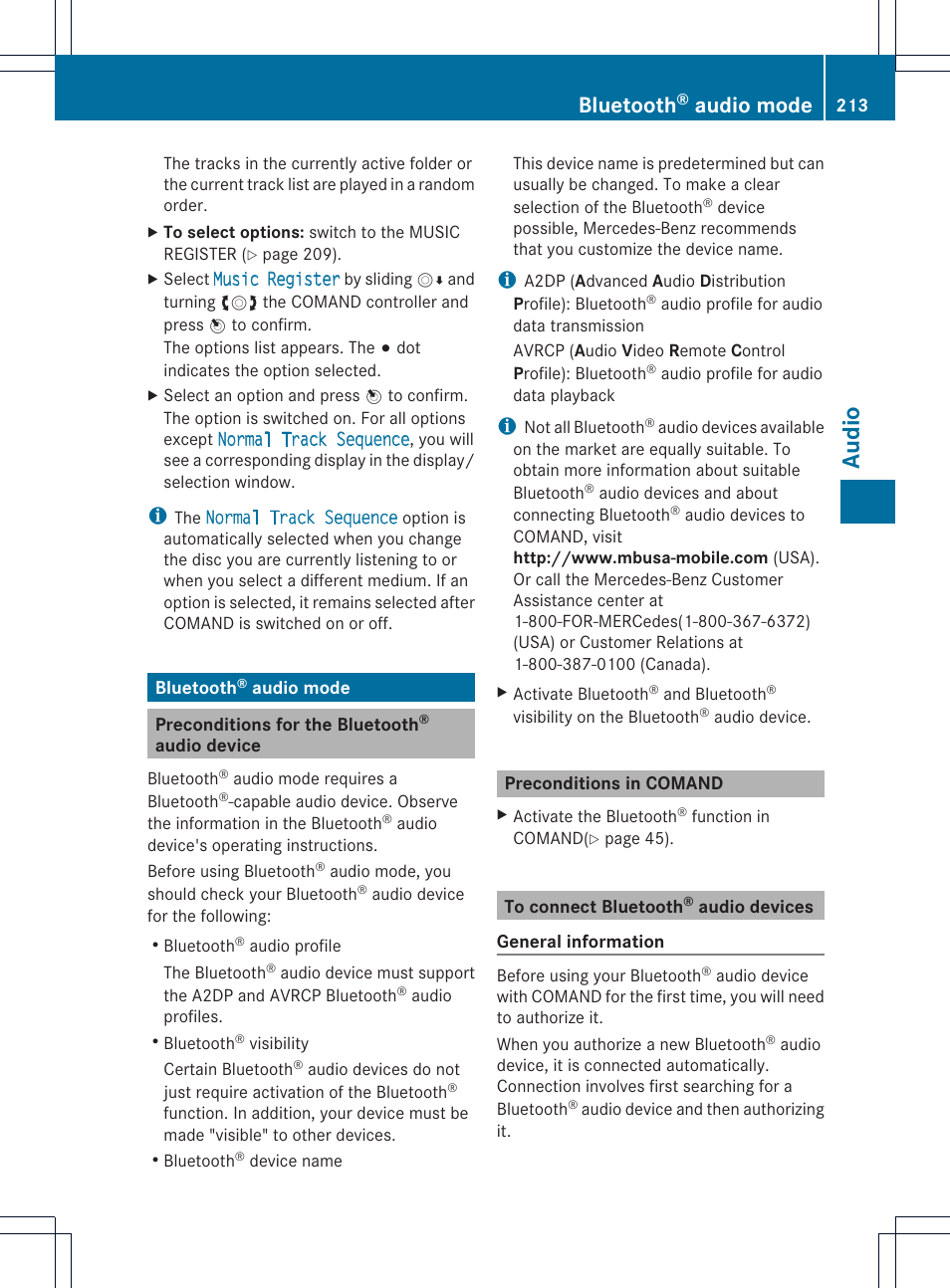 Audio, Bluetooth, Audio mode | Mercedes-Benz CL-Class 2014 COMAND Manual User Manual | Page 215 / 274