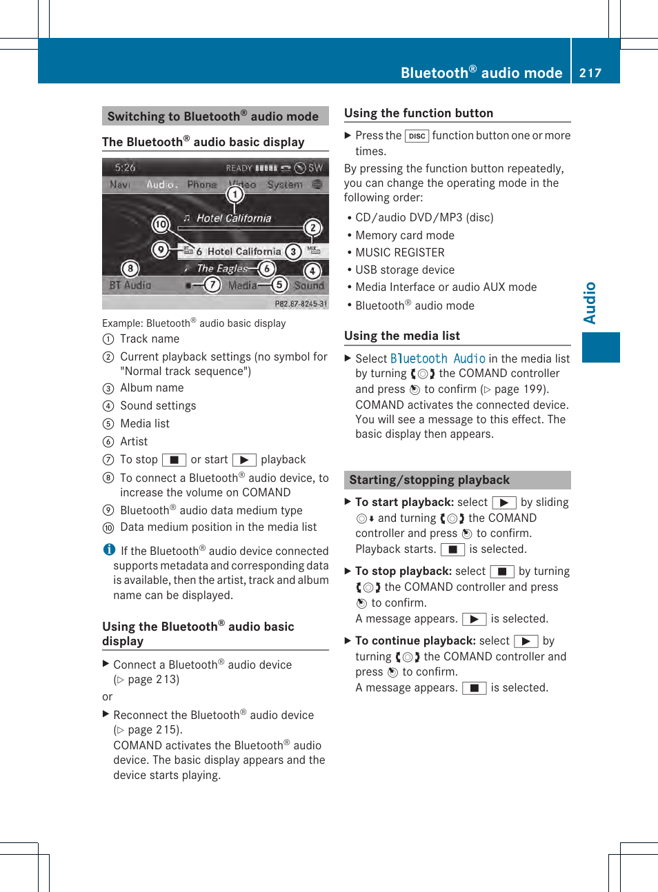 Audio, Bluetooth, Audio mode | Mercedes-Benz CL-Class 2014 COMAND Manual User Manual | Page 219 / 274
