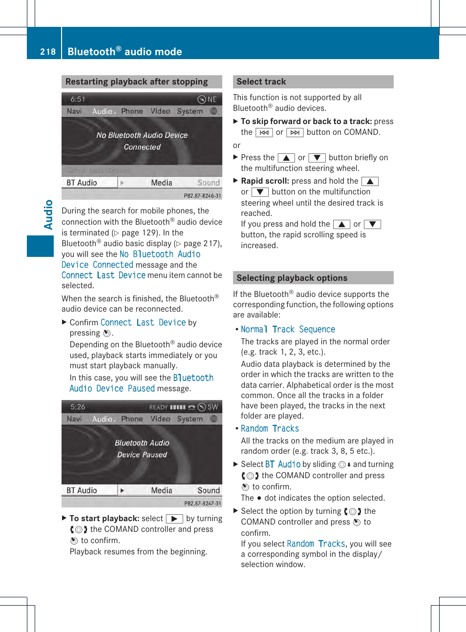 Audio, Bluetooth, Audio mode | Mercedes-Benz CL-Class 2014 COMAND Manual User Manual | Page 220 / 274