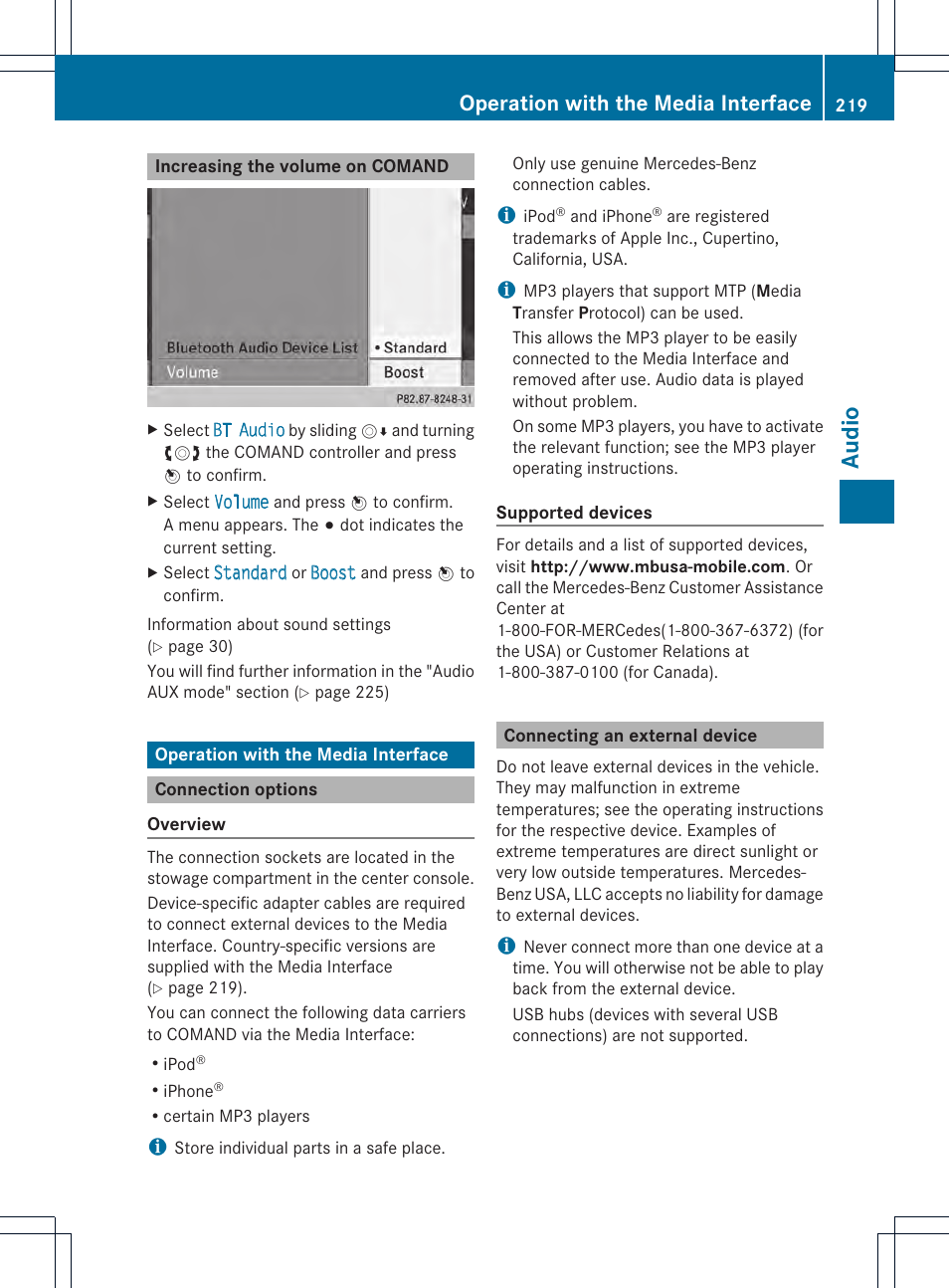 Audio, Operation with the media interface | Mercedes-Benz CL-Class 2014 COMAND Manual User Manual | Page 221 / 274