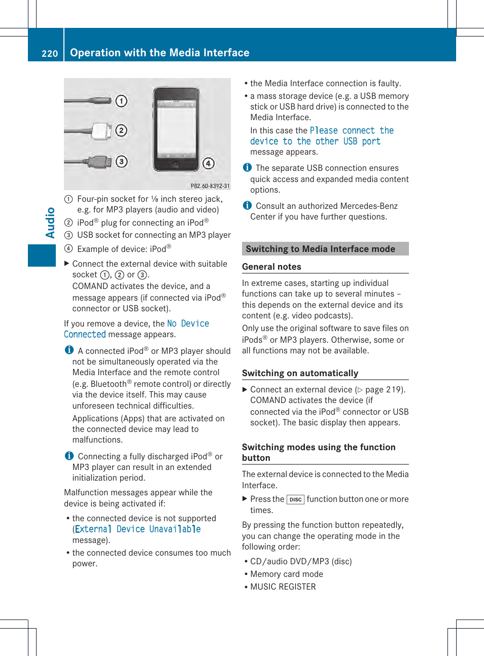 Audio, Operation with the media interface | Mercedes-Benz CL-Class 2014 COMAND Manual User Manual | Page 222 / 274