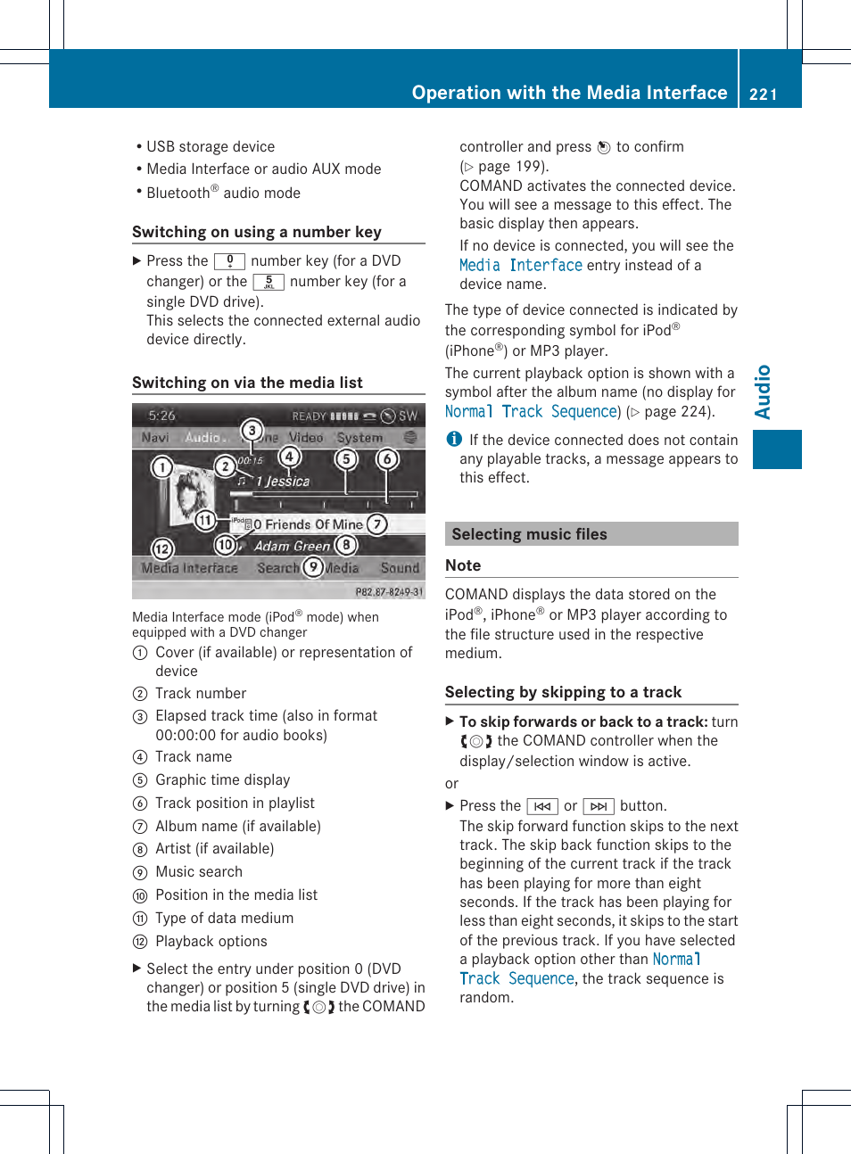 Audio, Operation with the media interface | Mercedes-Benz CL-Class 2014 COMAND Manual User Manual | Page 223 / 274