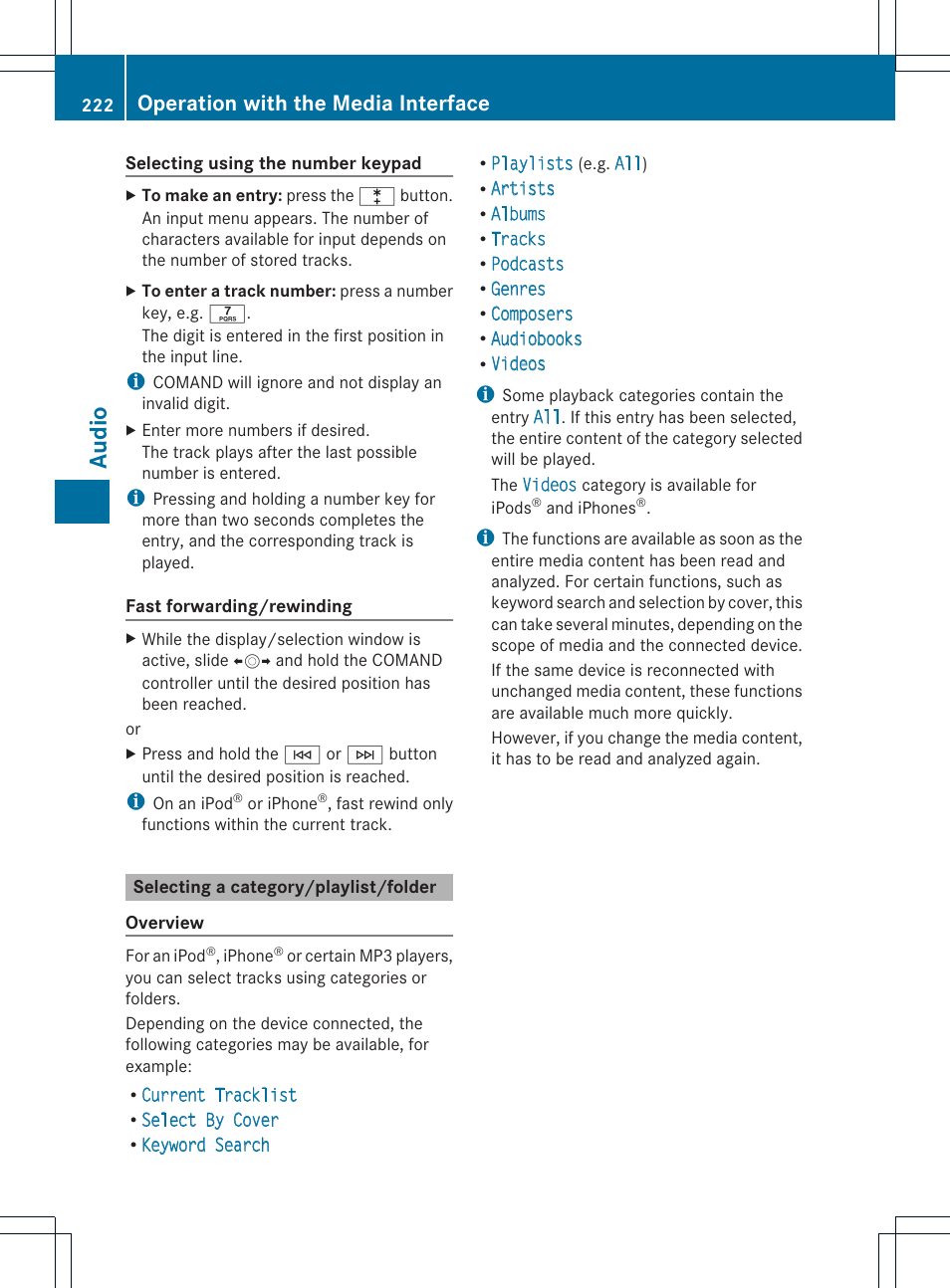 Audio, Operation with the media interface | Mercedes-Benz CL-Class 2014 COMAND Manual User Manual | Page 224 / 274