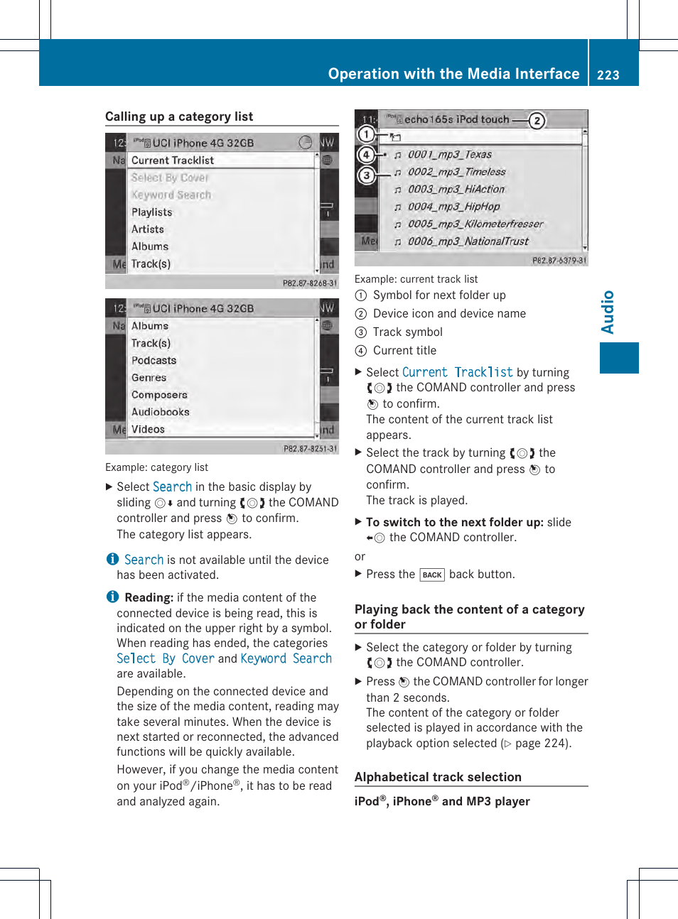 Audio, Operation with the media interface | Mercedes-Benz CL-Class 2014 COMAND Manual User Manual | Page 225 / 274