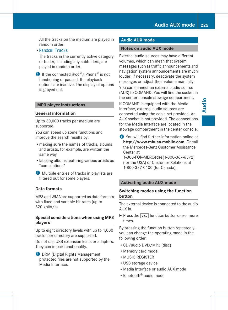 Audio, Audio aux mode | Mercedes-Benz CL-Class 2014 COMAND Manual User Manual | Page 227 / 274