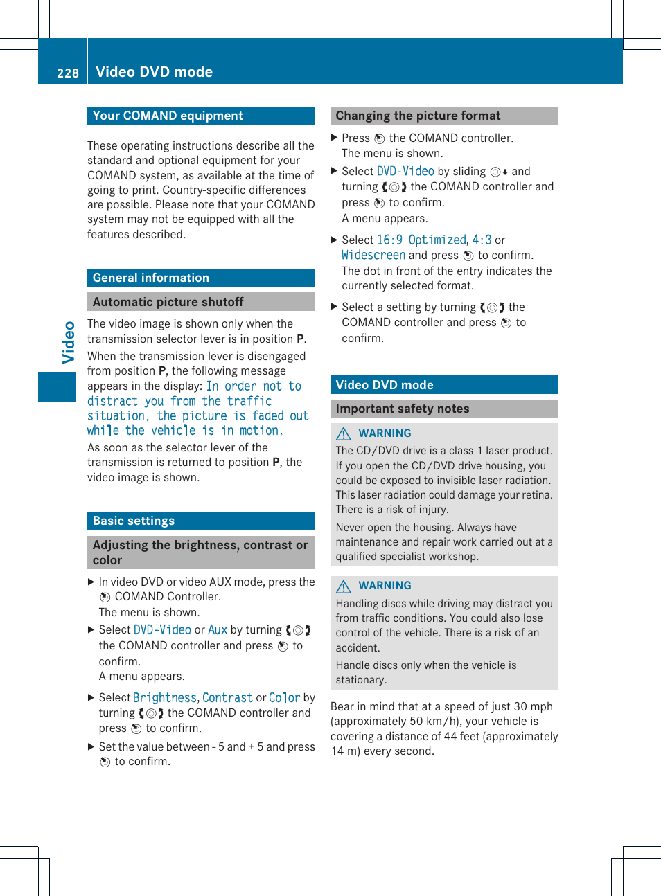Video, Video dvd mode | Mercedes-Benz CL-Class 2014 COMAND Manual User Manual | Page 230 / 274