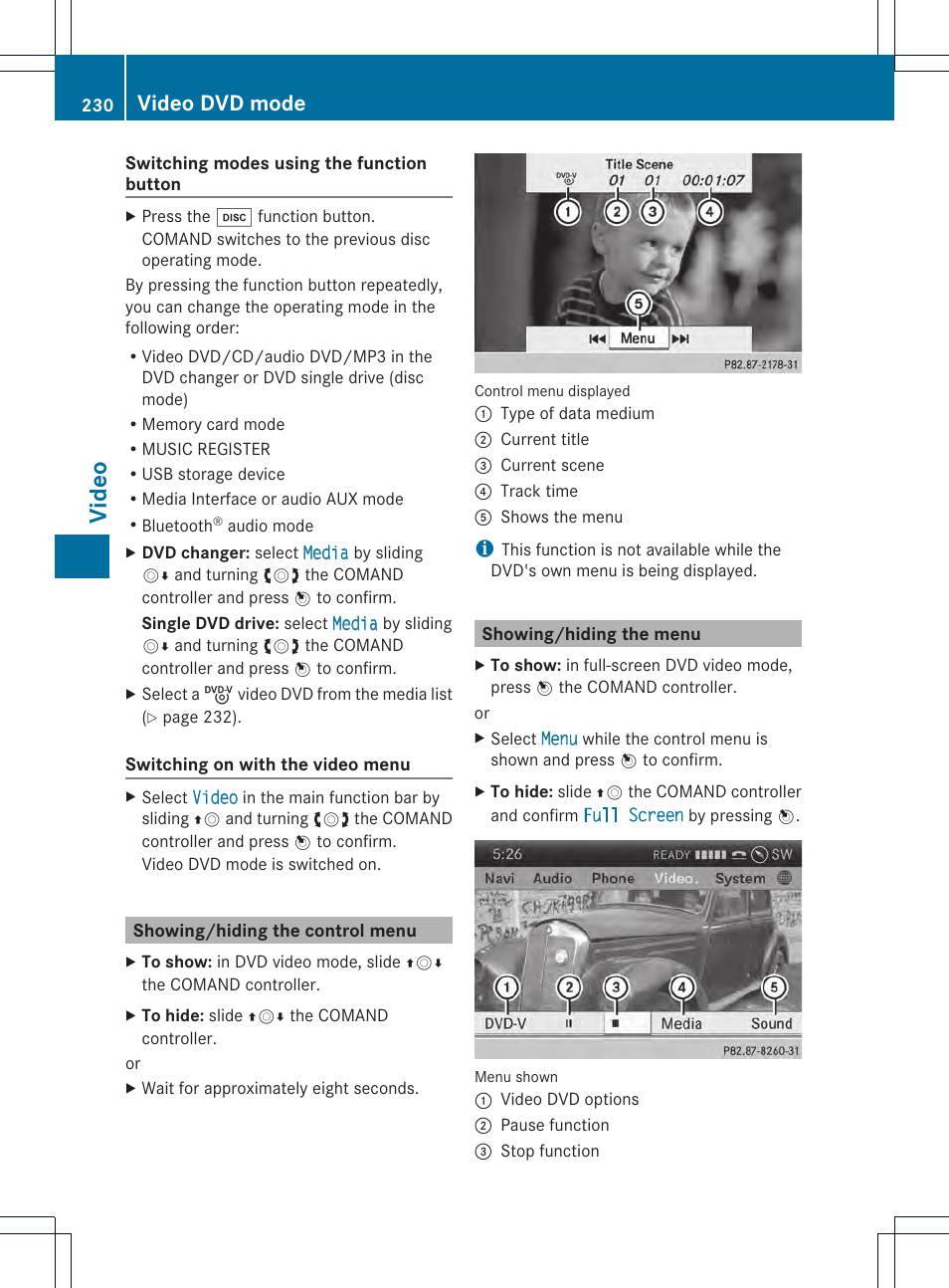 Video, Video dvd mode | Mercedes-Benz CL-Class 2014 COMAND Manual User Manual | Page 232 / 274