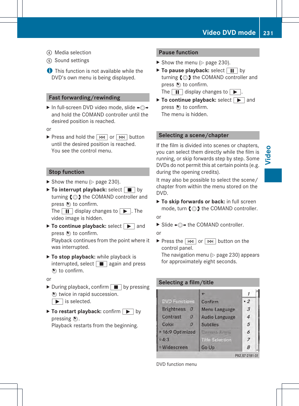 Vid eo, Video dvd mode | Mercedes-Benz CL-Class 2014 COMAND Manual User Manual | Page 233 / 274