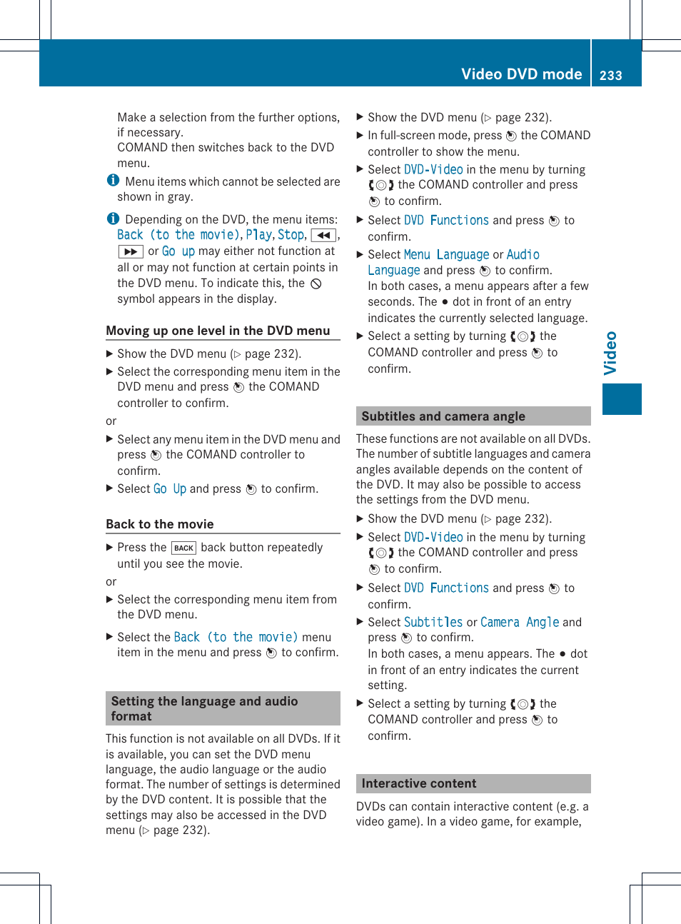Video, Video dvd mode | Mercedes-Benz CL-Class 2014 COMAND Manual User Manual | Page 235 / 274