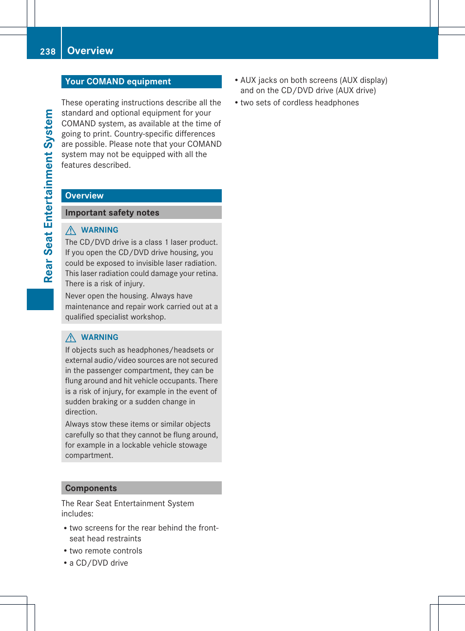 Rear seat entert ainment system, Overview | Mercedes-Benz CL-Class 2014 COMAND Manual User Manual | Page 240 / 274