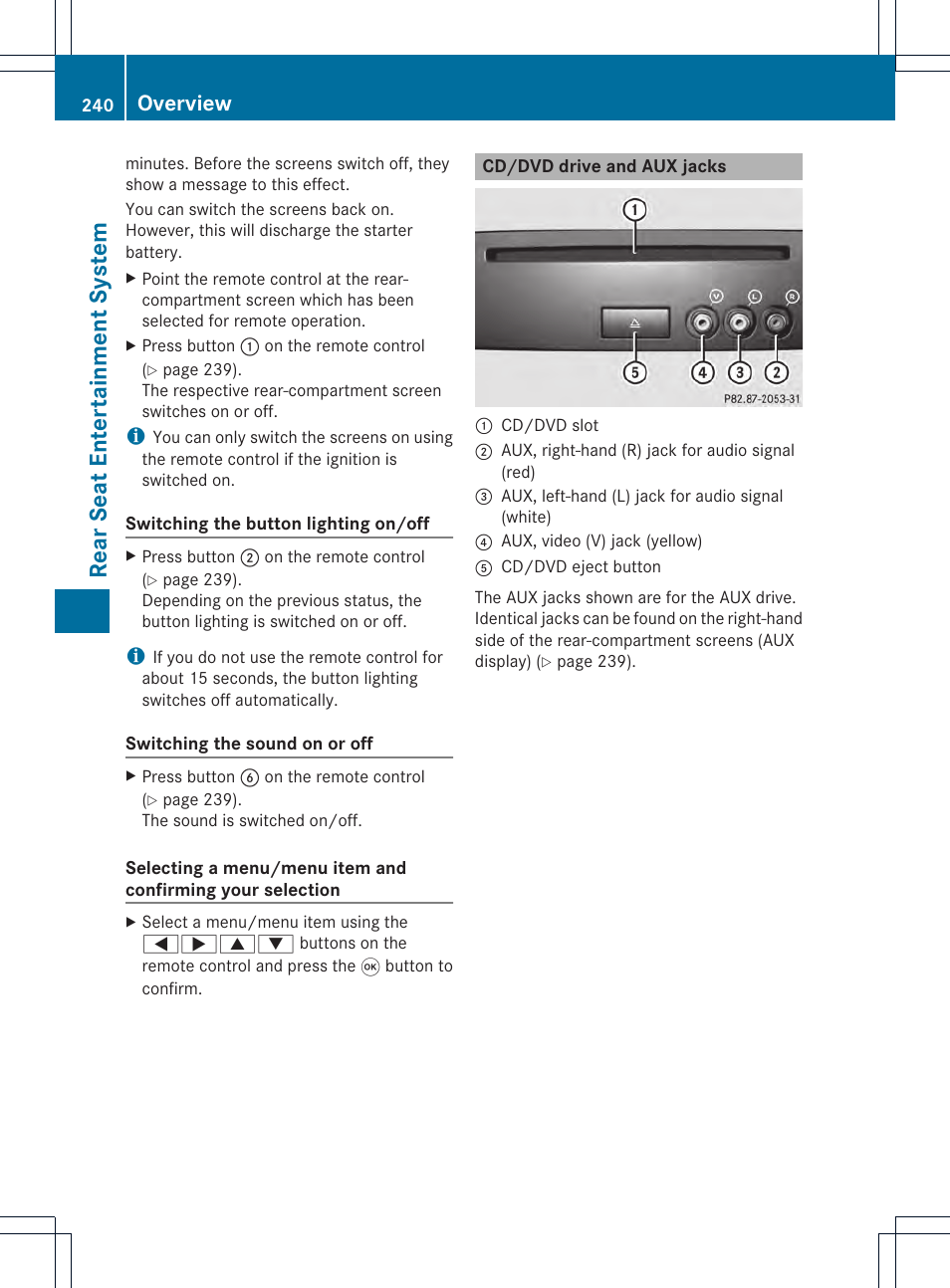 Rear seat entertainment system, Overview | Mercedes-Benz CL-Class 2014 COMAND Manual User Manual | Page 242 / 274