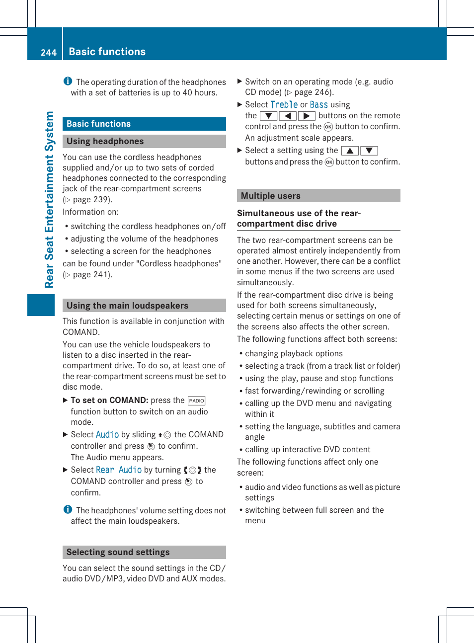 Rear seat entertainment system, Basic functions | Mercedes-Benz CL-Class 2014 COMAND Manual User Manual | Page 246 / 274