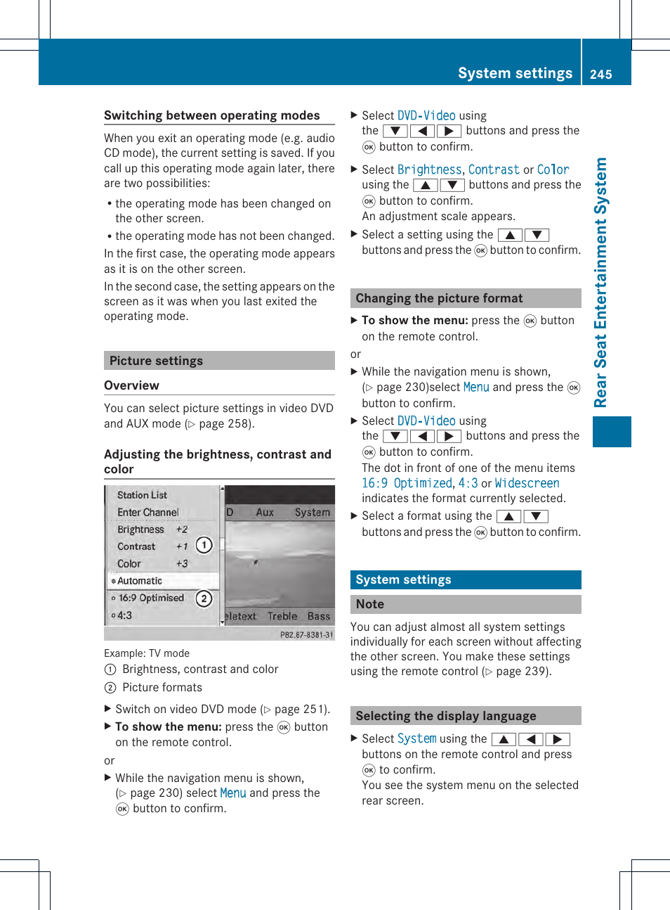 Rear seat entertainment system, System settings | Mercedes-Benz CL-Class 2014 COMAND Manual User Manual | Page 247 / 274