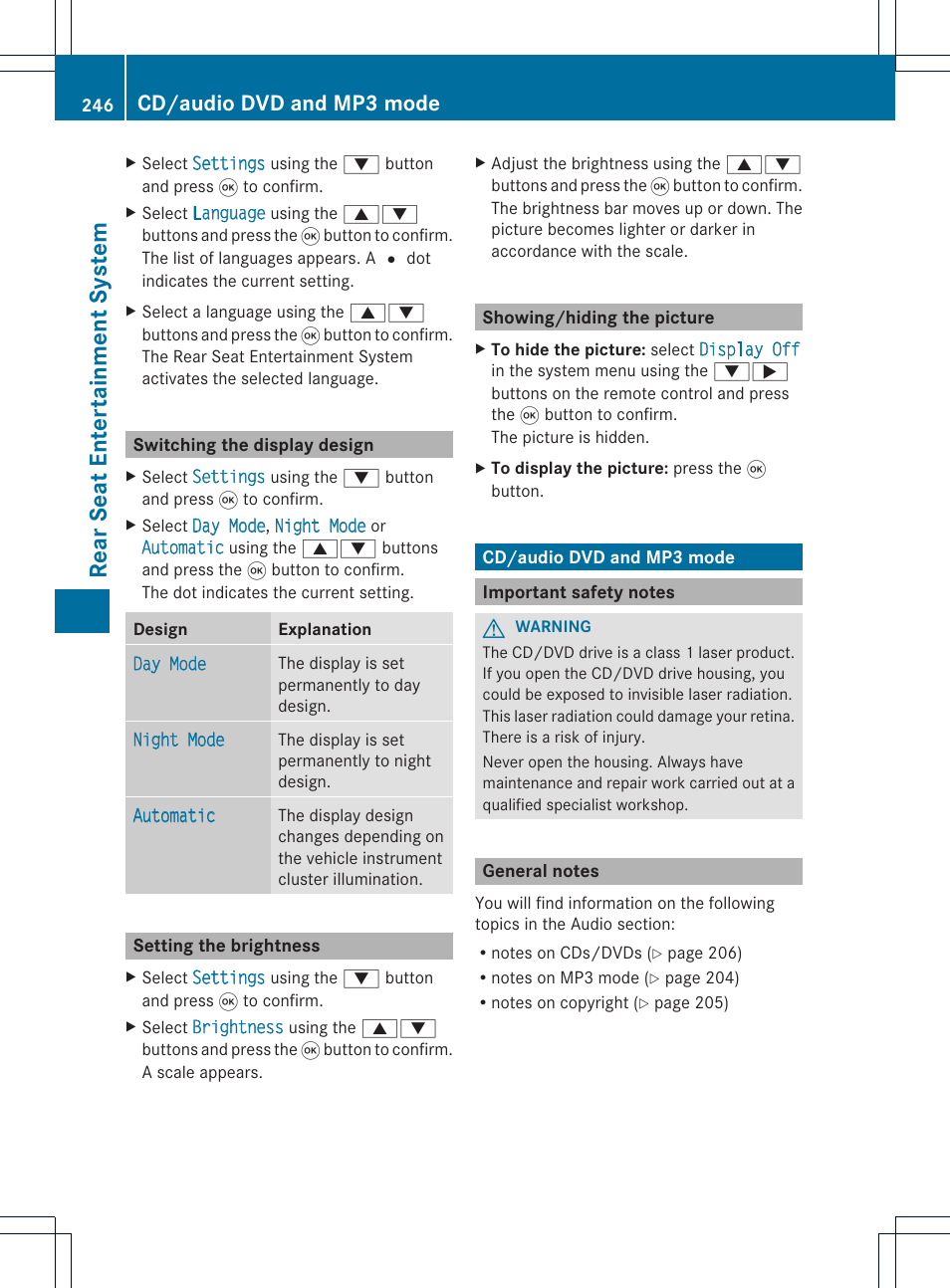 Rear seat entert ainment system, Cd/audio dvd and mp3 mode | Mercedes-Benz CL-Class 2014 COMAND Manual User Manual | Page 248 / 274