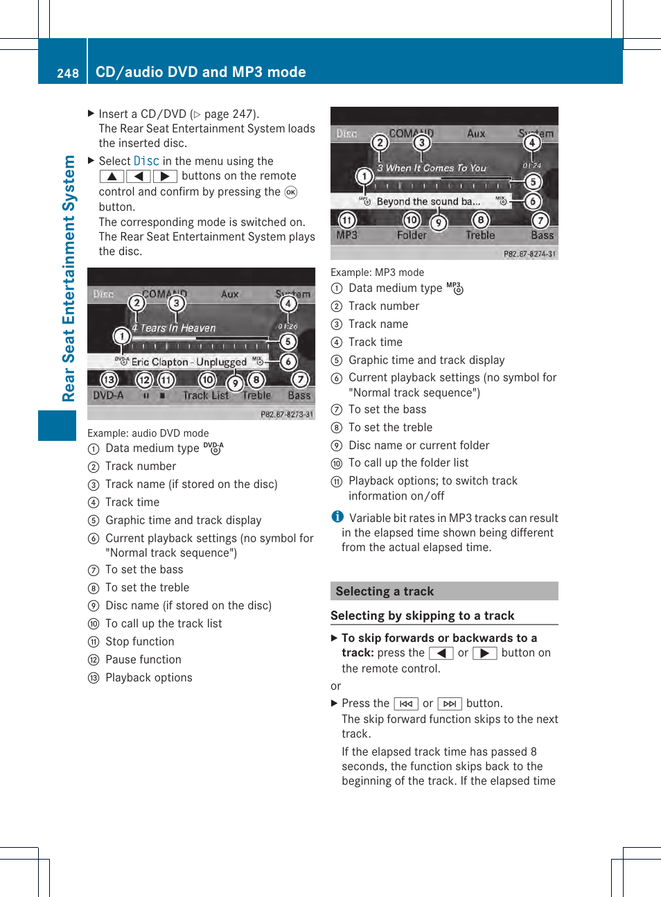 Rea rseat ent ert ainm ent syst em, Cd/audio dvd and mp3 mode | Mercedes-Benz CL-Class 2014 COMAND Manual User Manual | Page 250 / 274