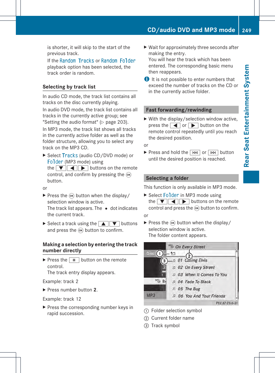 Rear seat entert ainm ent syst em, Cd/audio dvd and mp3 mode | Mercedes-Benz CL-Class 2014 COMAND Manual User Manual | Page 251 / 274