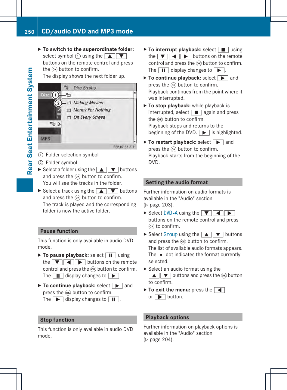 Rear se at en tertain men tsys tem, Cd/audio dvd and mp3 mode | Mercedes-Benz CL-Class 2014 COMAND Manual User Manual | Page 252 / 274