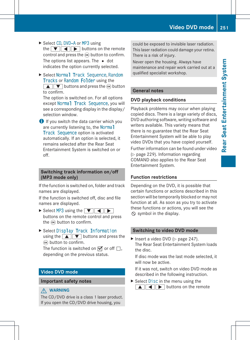 Rear seat entert ainment system, Video dvd mode | Mercedes-Benz CL-Class 2014 COMAND Manual User Manual | Page 253 / 274