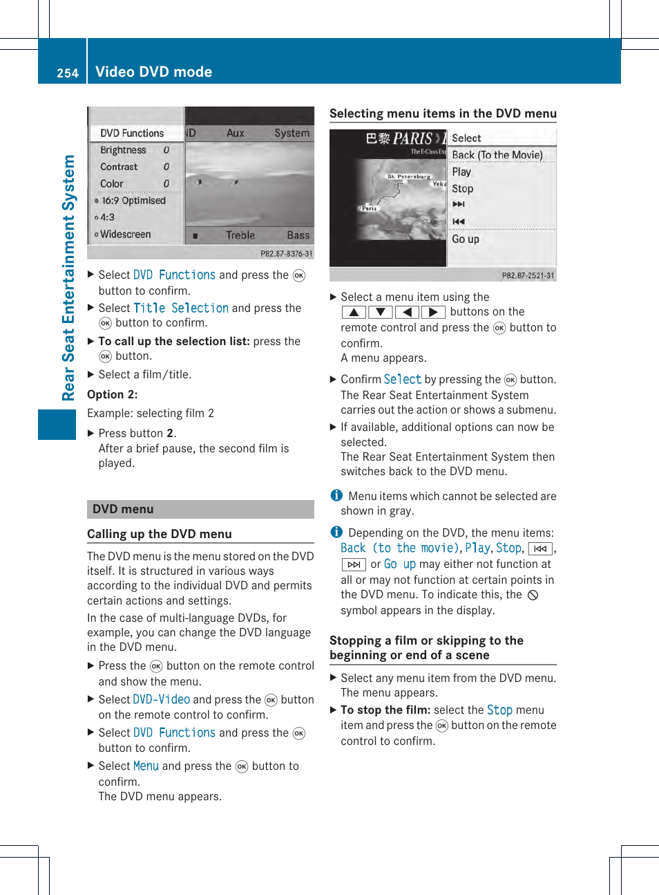 Rear se at en tertai nme nt sys tem, Video dvd mode | Mercedes-Benz CL-Class 2014 COMAND Manual User Manual | Page 256 / 274