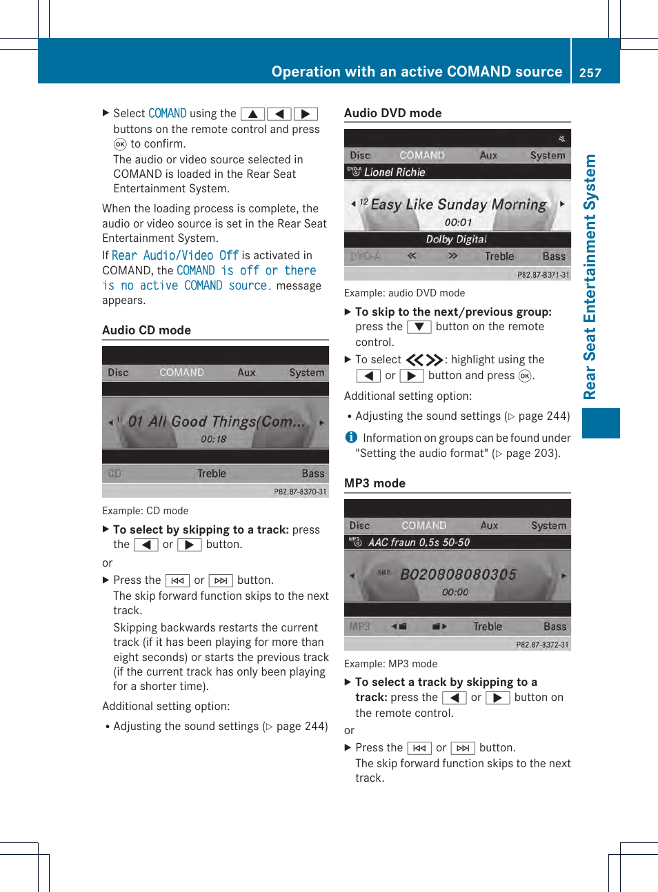Rea rseat enter tainment syst em, Operation with an active comand source | Mercedes-Benz CL-Class 2014 COMAND Manual User Manual | Page 259 / 274