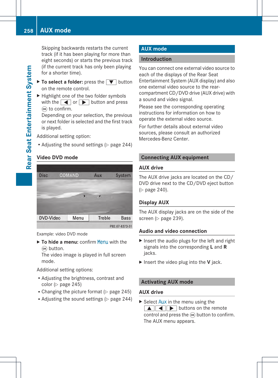 Rear se at en tertai nme nt sys tem, Aux mode | Mercedes-Benz CL-Class 2014 COMAND Manual User Manual | Page 260 / 274