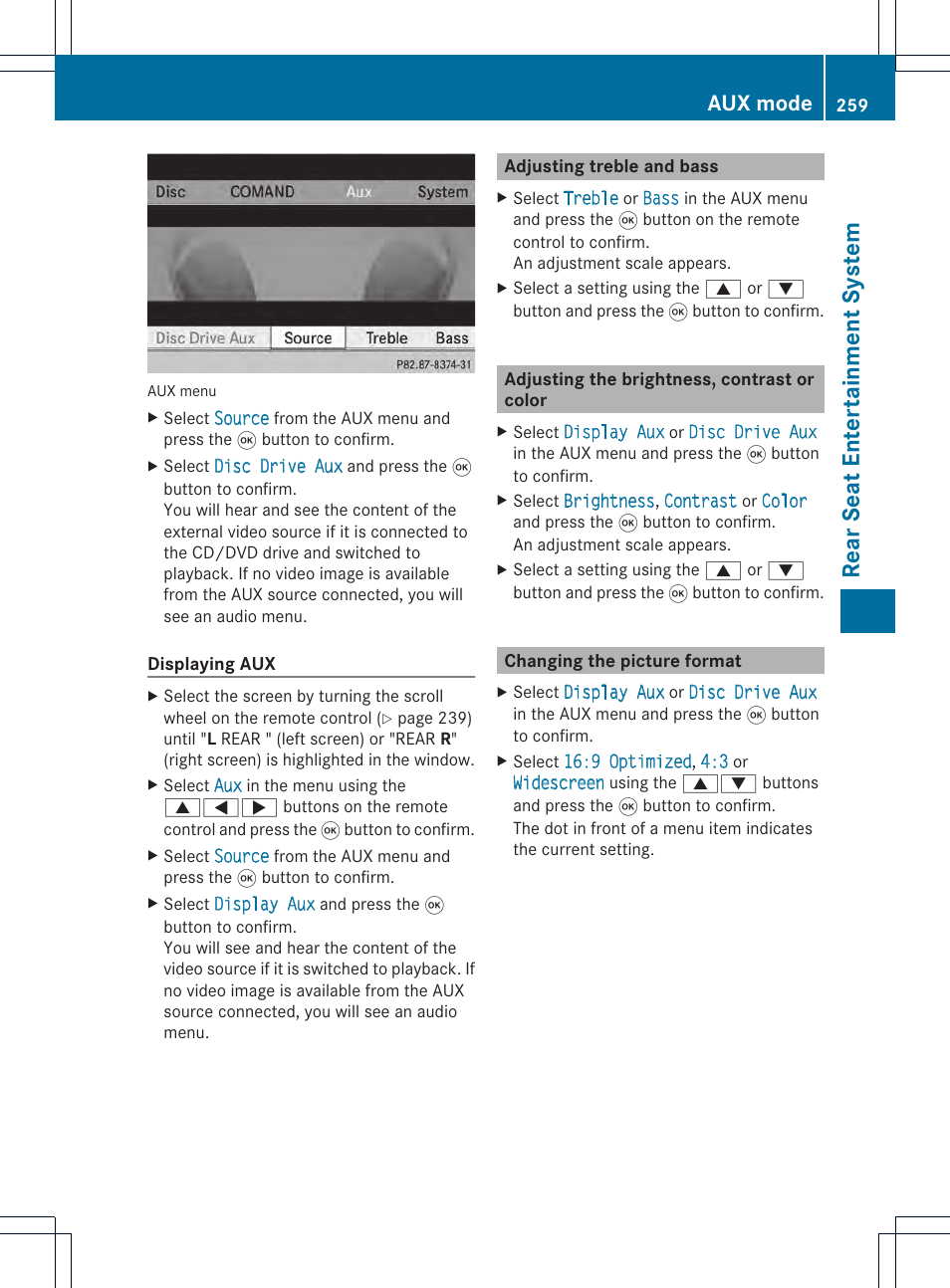 Rear seat entertainment system, Aux mode | Mercedes-Benz CL-Class 2014 COMAND Manual User Manual | Page 261 / 274