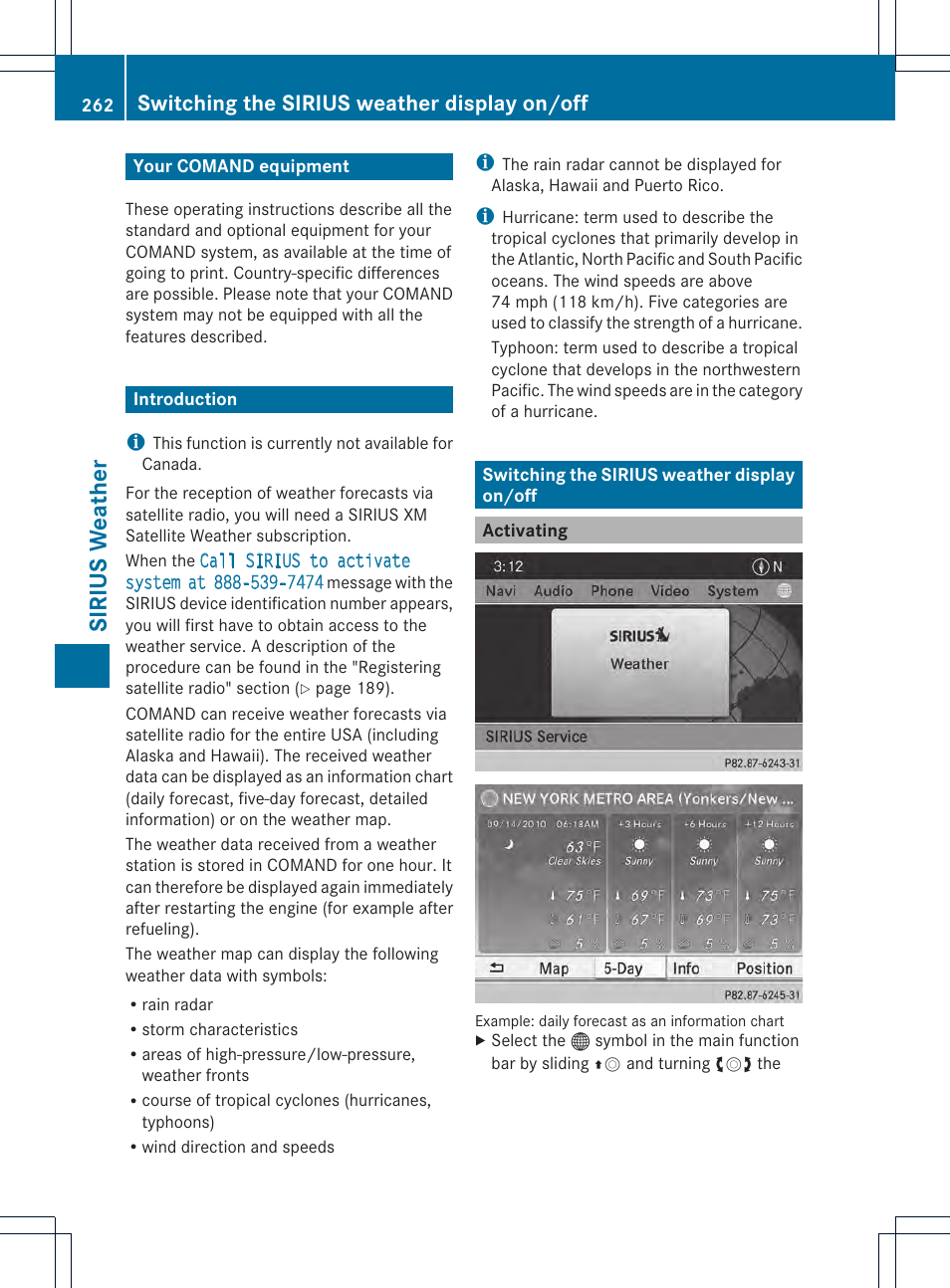 Sirius weat her, Switching the sirius weather display on/off | Mercedes-Benz CL-Class 2014 COMAND Manual User Manual | Page 264 / 274