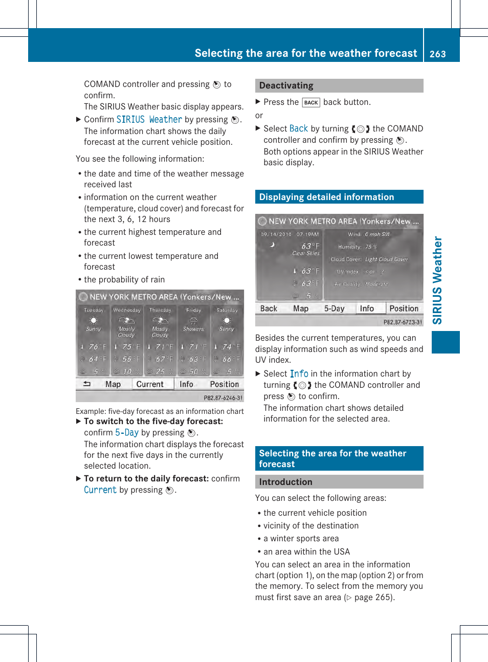 Sirius weather, Selecting the area for the weather forecast | Mercedes-Benz CL-Class 2014 COMAND Manual User Manual | Page 265 / 274
