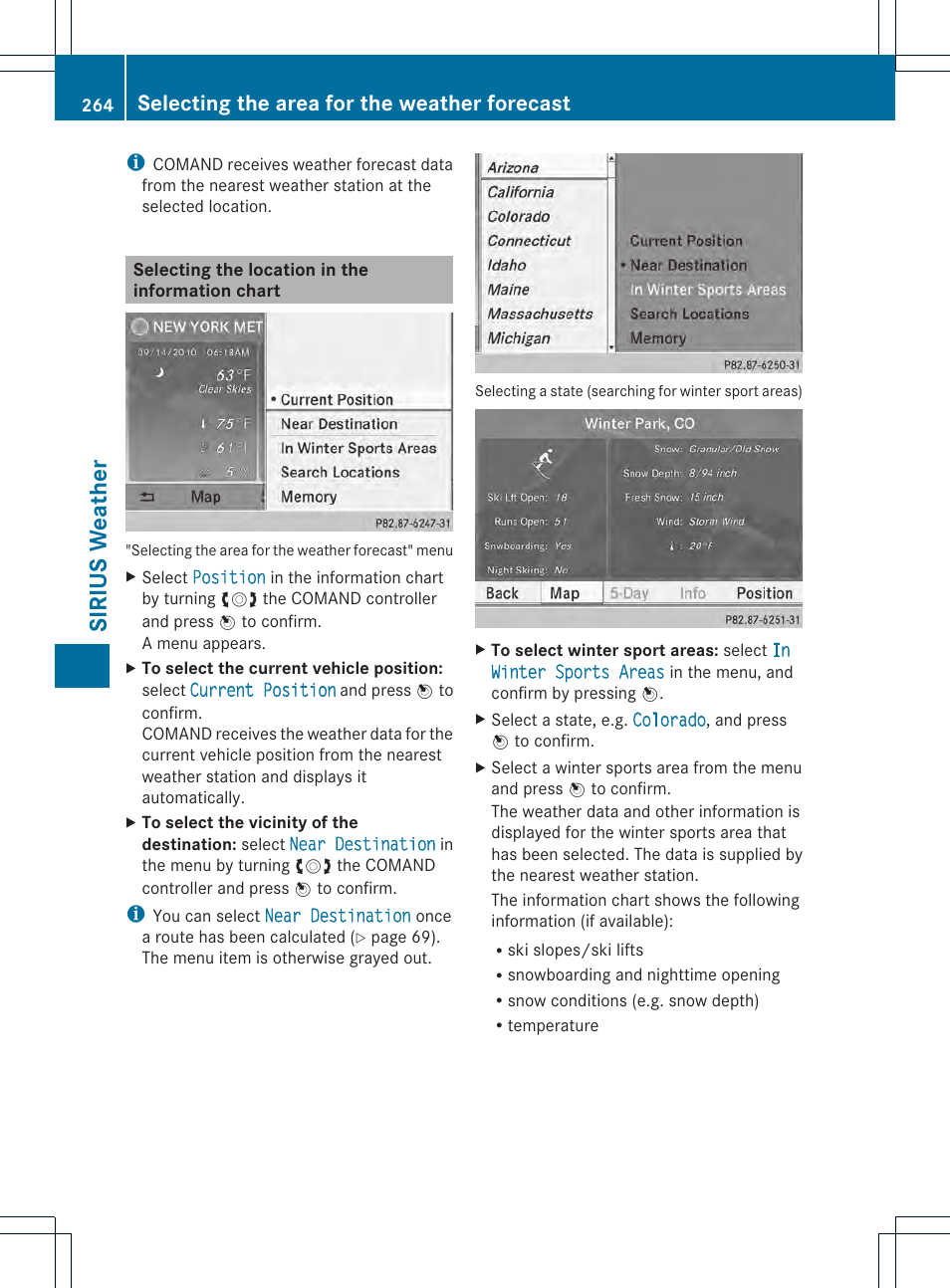 Sirius weather, Selecting the area for the weather forecast | Mercedes-Benz CL-Class 2014 COMAND Manual User Manual | Page 266 / 274
