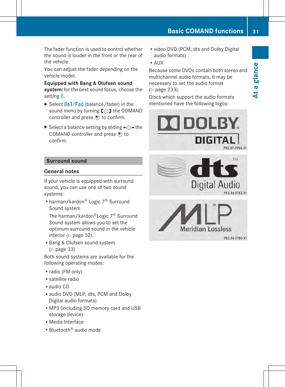 At a glance, Basic comand functions | Mercedes-Benz CL-Class 2014 COMAND Manual User Manual | Page 33 / 274