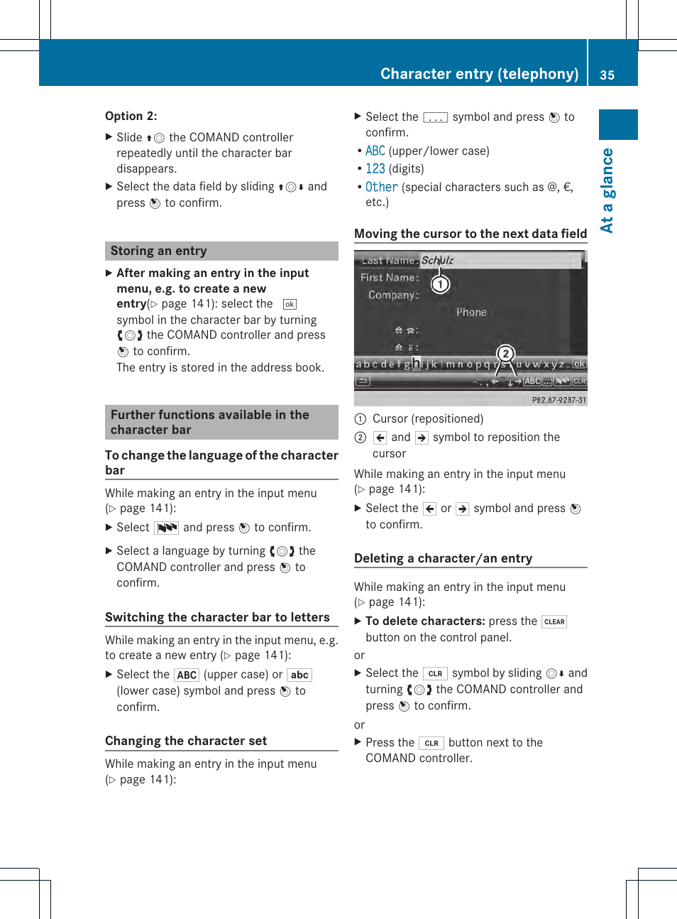 At a glan ce, Character entry (telephony) | Mercedes-Benz CL-Class 2014 COMAND Manual User Manual | Page 37 / 274