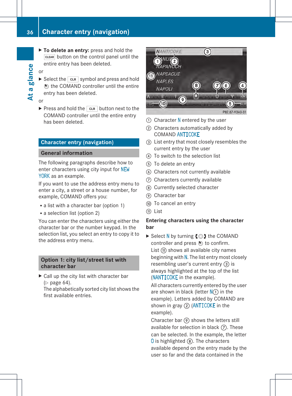 At a glance, Character entry (navigation) | Mercedes-Benz CL-Class 2014 COMAND Manual User Manual | Page 38 / 274