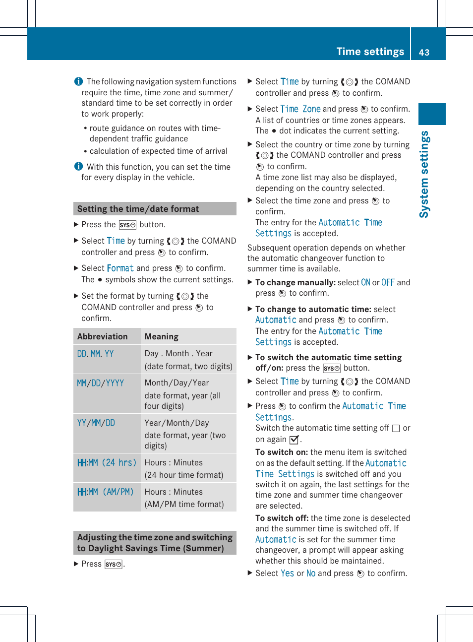 System settings, Time settings | Mercedes-Benz CL-Class 2014 COMAND Manual User Manual | Page 45 / 274