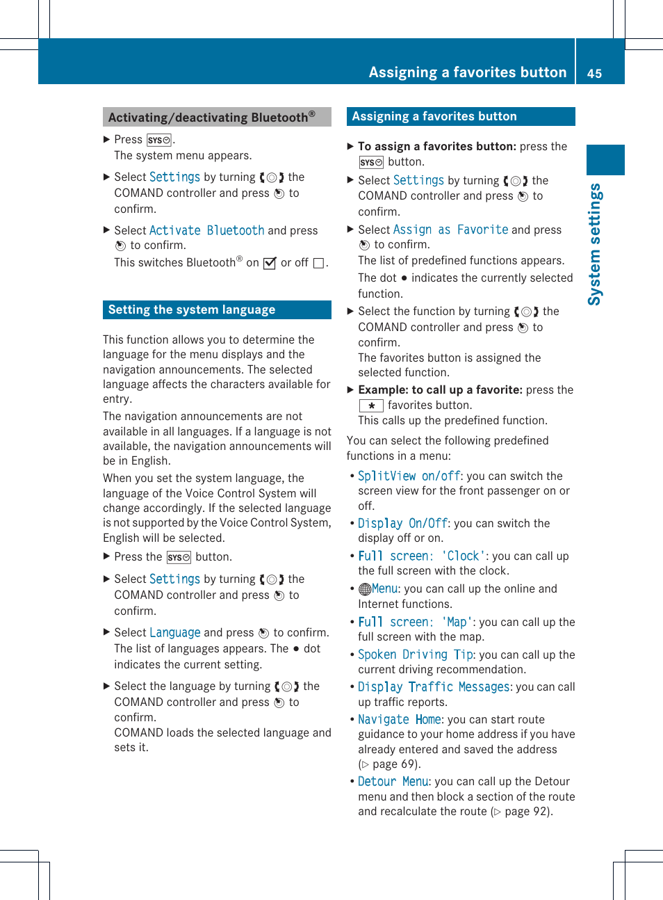 Syste ms et tin gs, Assigning a favorites button | Mercedes-Benz CL-Class 2014 COMAND Manual User Manual | Page 47 / 274