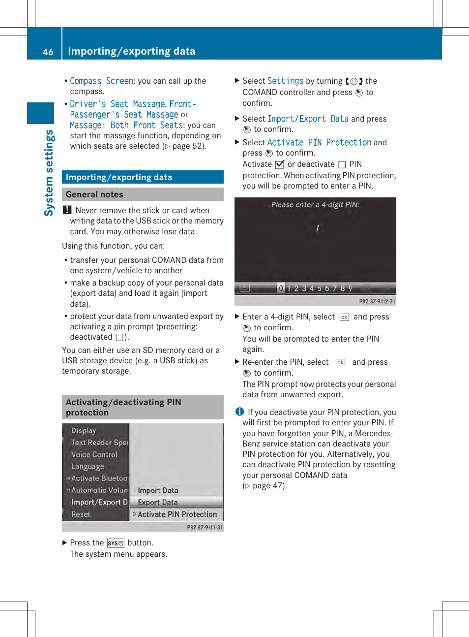 System settings, Importing/exporting data | Mercedes-Benz CL-Class 2014 COMAND Manual User Manual | Page 48 / 274