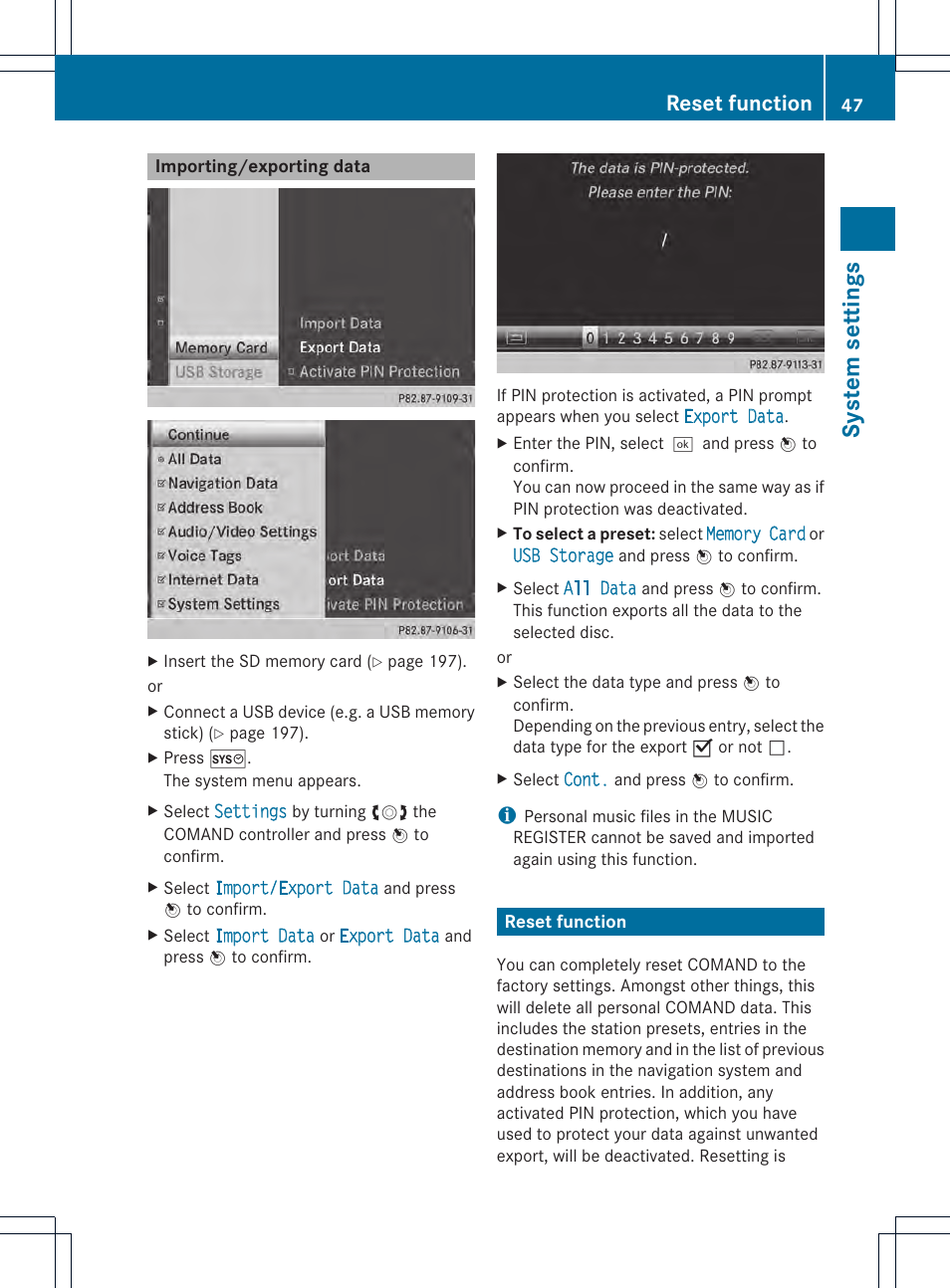 System settings, Reset function | Mercedes-Benz CL-Class 2014 COMAND Manual User Manual | Page 49 / 274