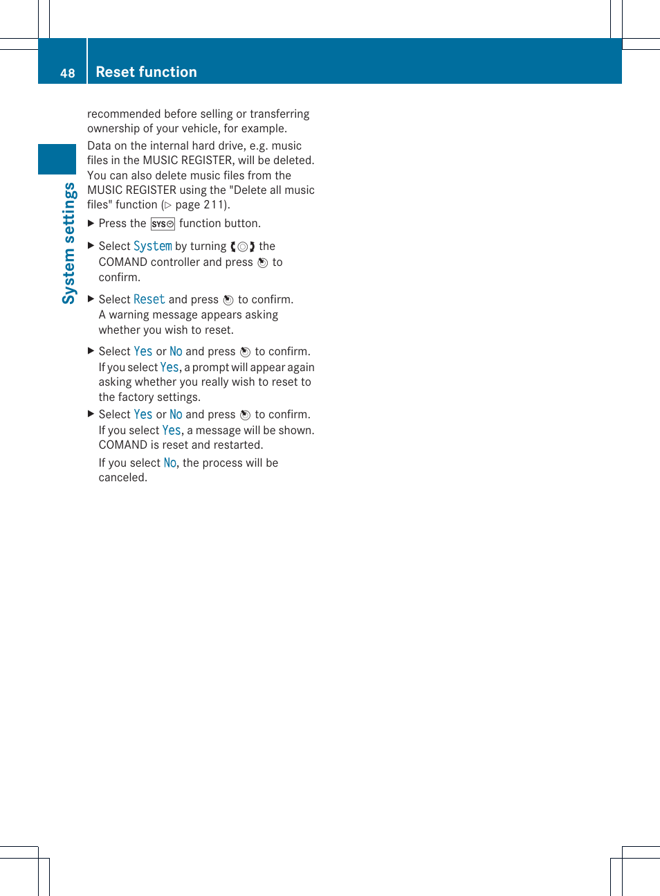 Syst em set tin gs, Reset function | Mercedes-Benz CL-Class 2014 COMAND Manual User Manual | Page 50 / 274