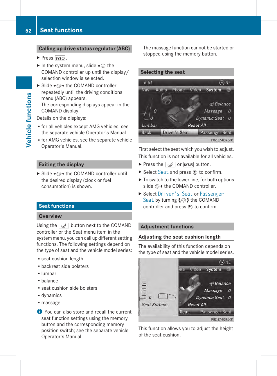 Vehicle functions, Seat functions | Mercedes-Benz CL-Class 2014 COMAND Manual User Manual | Page 54 / 274