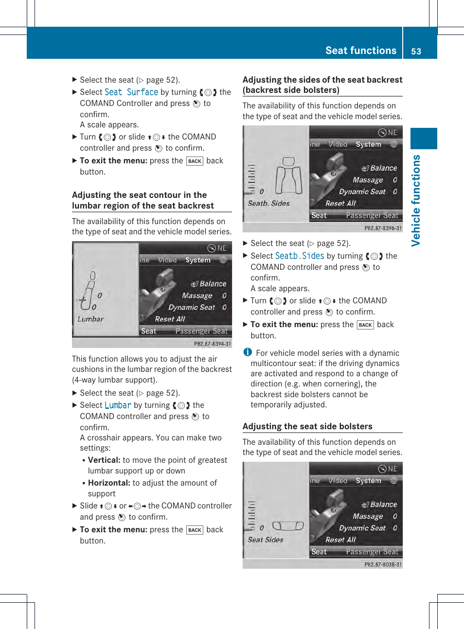 Veh icle fun ctions, Seat functions | Mercedes-Benz CL-Class 2014 COMAND Manual User Manual | Page 55 / 274