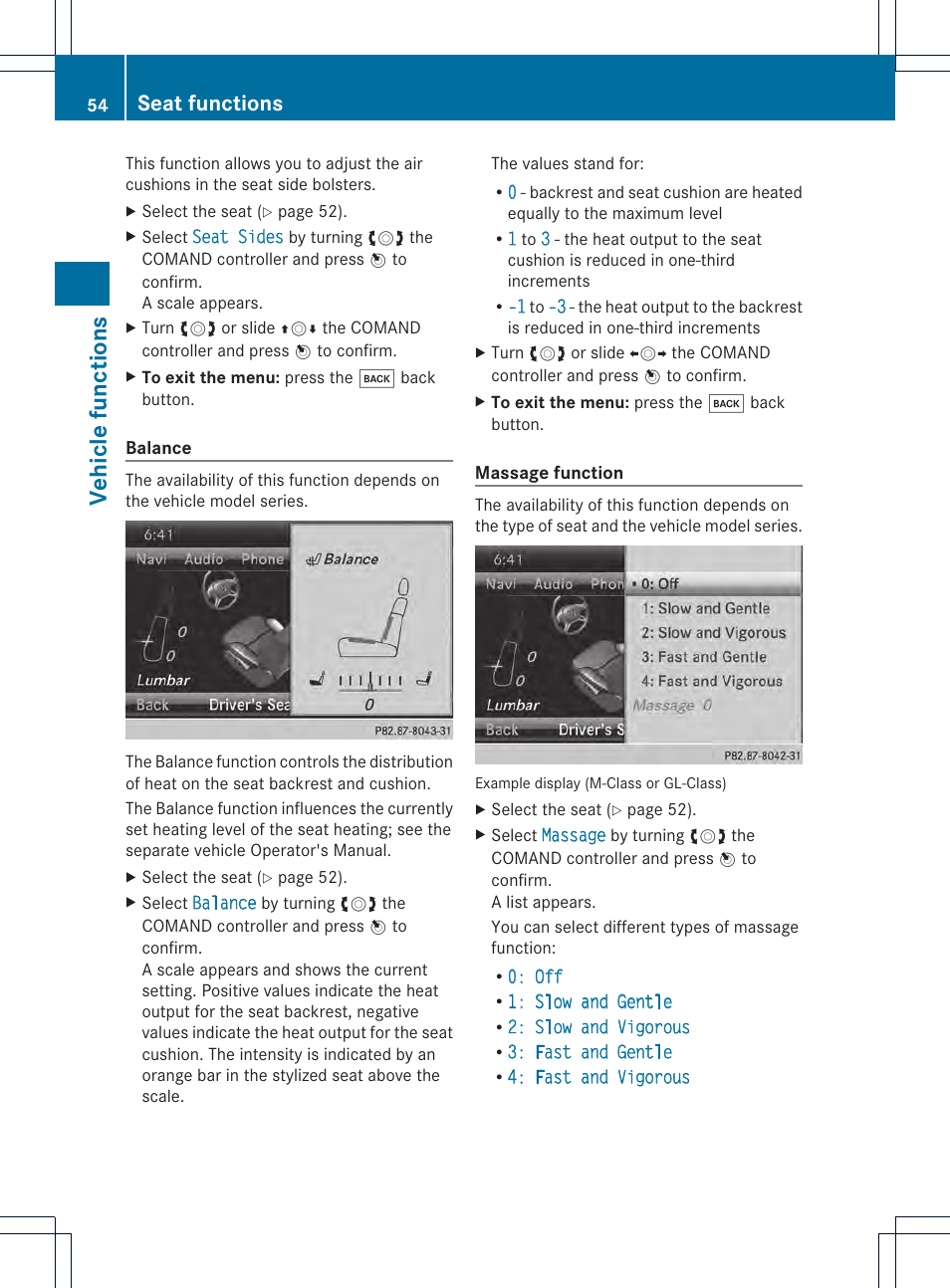 Vehic le func tion s, Seat functions | Mercedes-Benz CL-Class 2014 COMAND Manual User Manual | Page 56 / 274