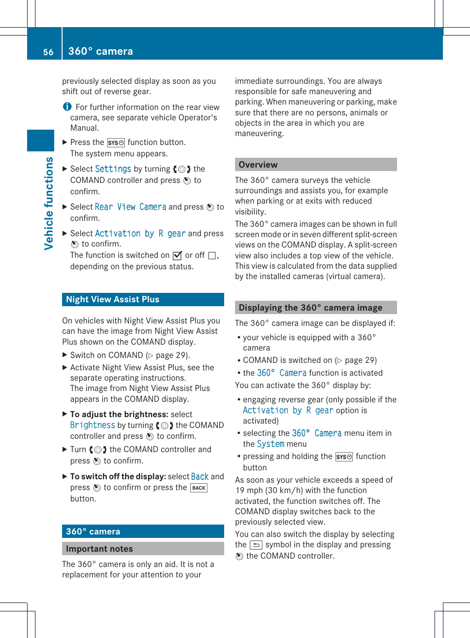 Vehicle functions, 360° camera | Mercedes-Benz CL-Class 2014 COMAND Manual User Manual | Page 58 / 274