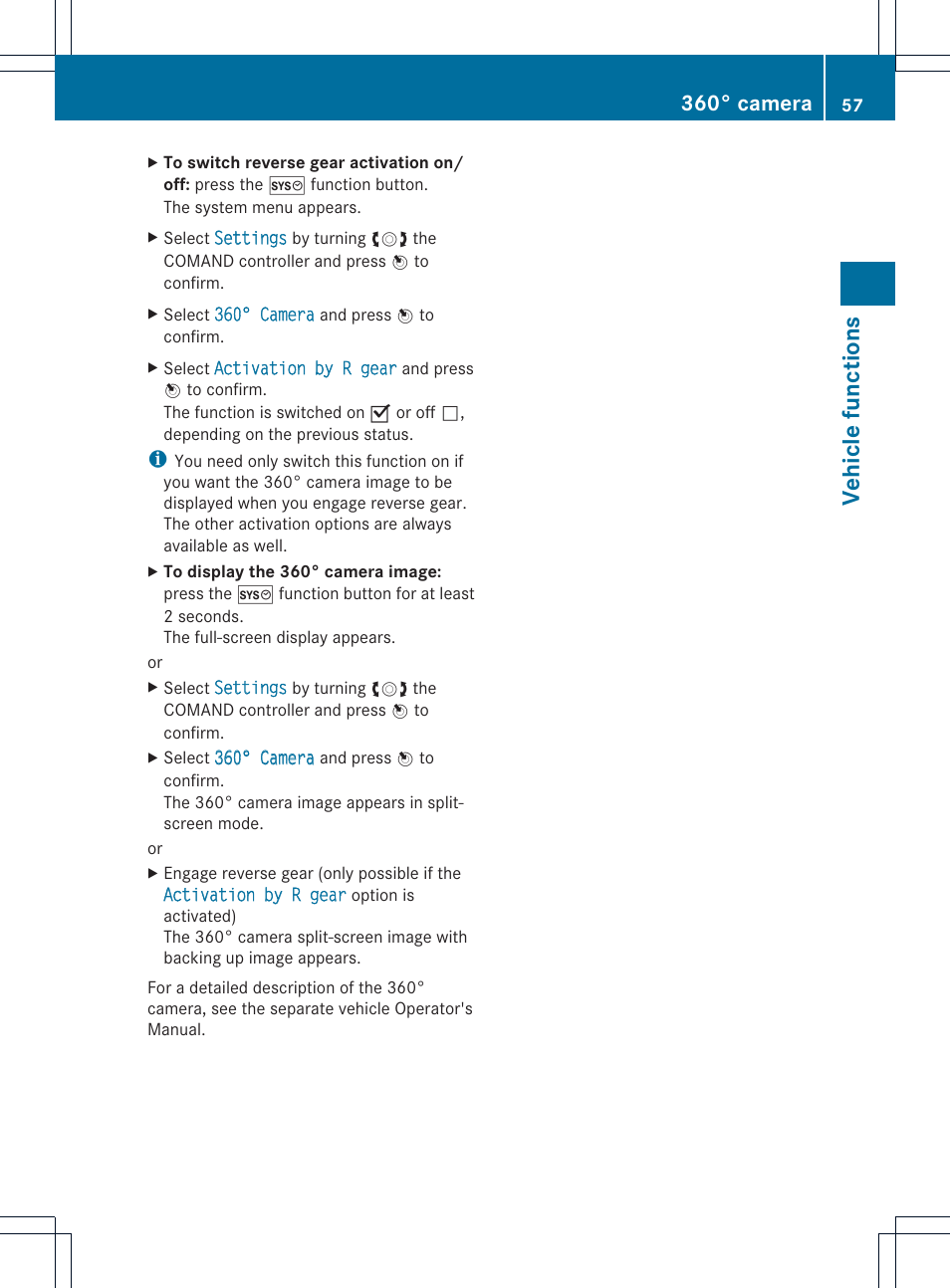 Vehicle functions, 360° camera | Mercedes-Benz CL-Class 2014 COMAND Manual User Manual | Page 59 / 274
