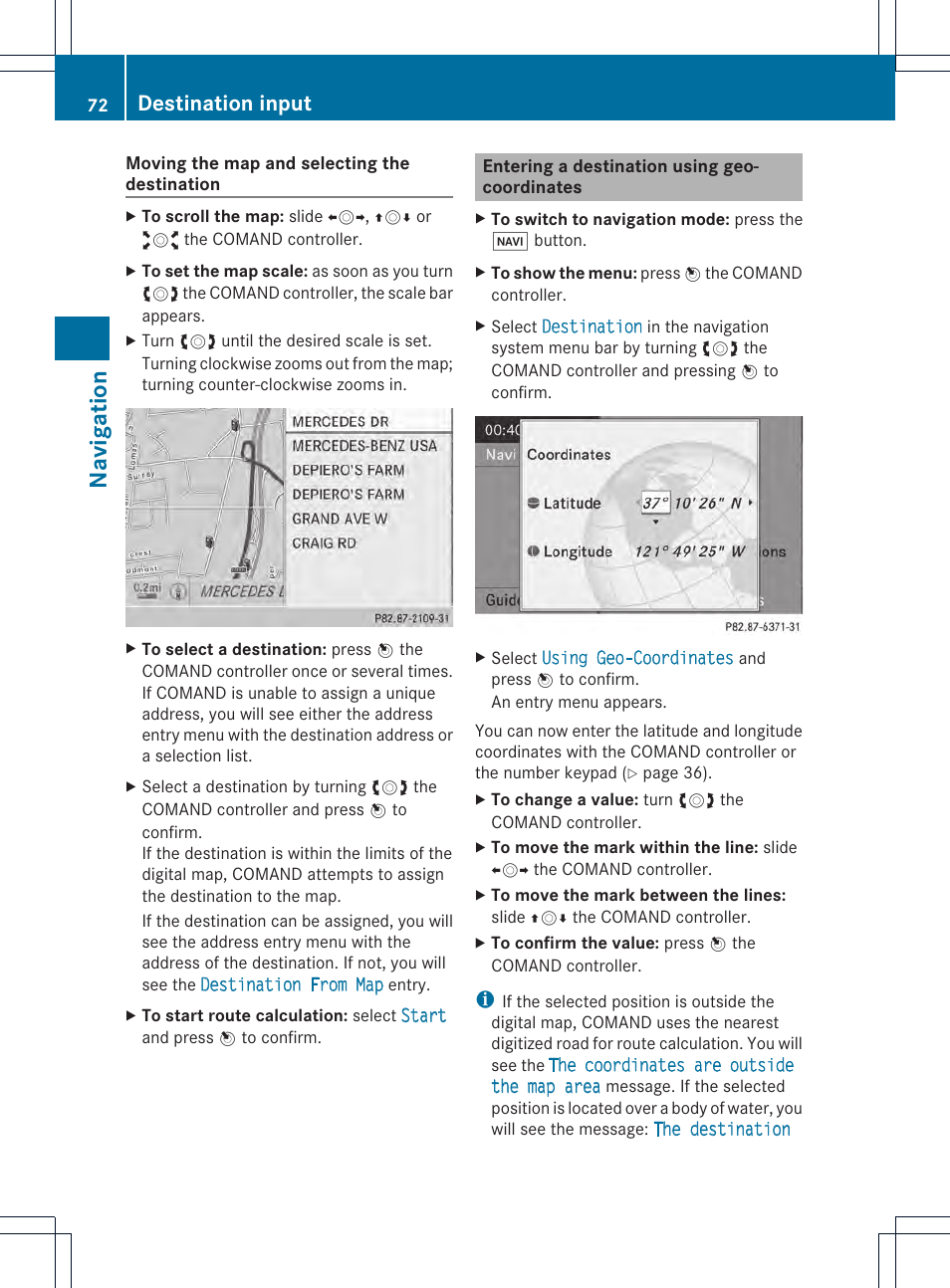 Navigation, Destination input | Mercedes-Benz CL-Class 2014 COMAND Manual User Manual | Page 74 / 274