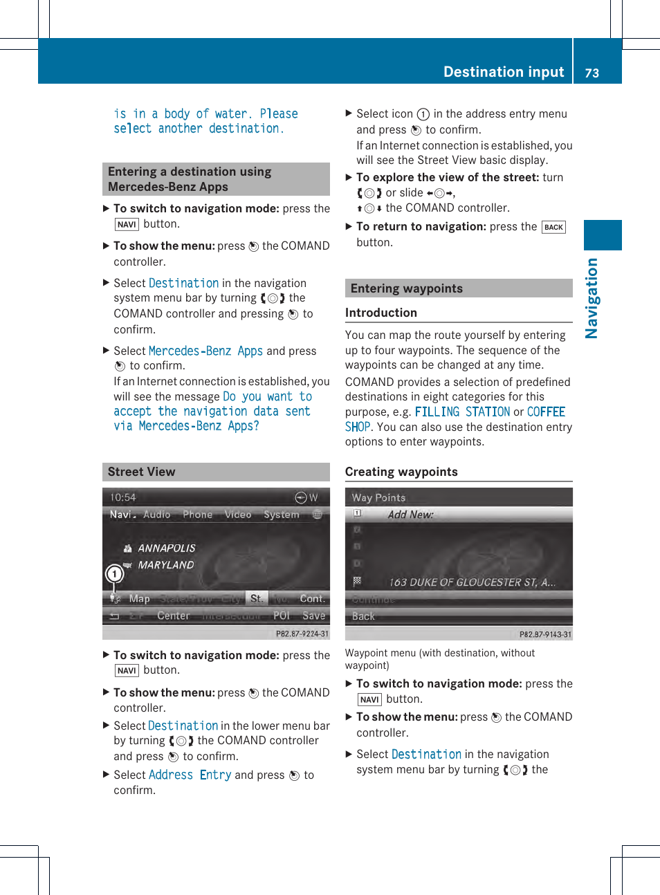 Navigation, Destination input | Mercedes-Benz CL-Class 2014 COMAND Manual User Manual | Page 75 / 274